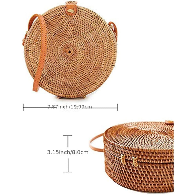 Petit sac rond en paille, sac à main simple et décontracté pour femme, sac en paille polyvalent.﻿