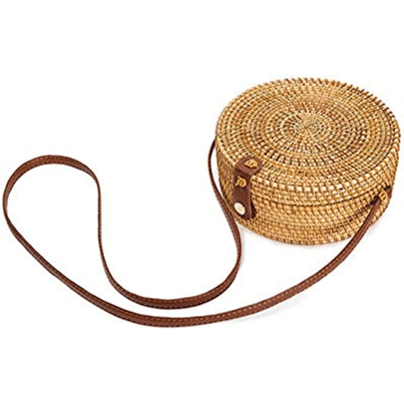 Petit sac rond en paille, sac à main simple et décontracté pour femme, sac en paille polyvalent.﻿