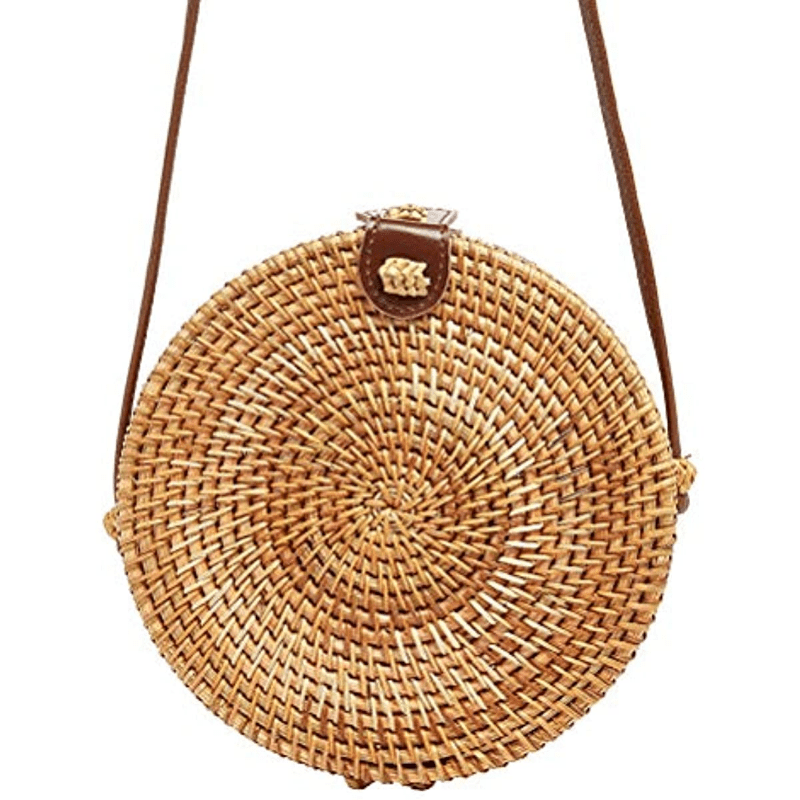 Petit sac rond en paille, sac à main simple et décontracté pour femme, sac en paille polyvalent.﻿