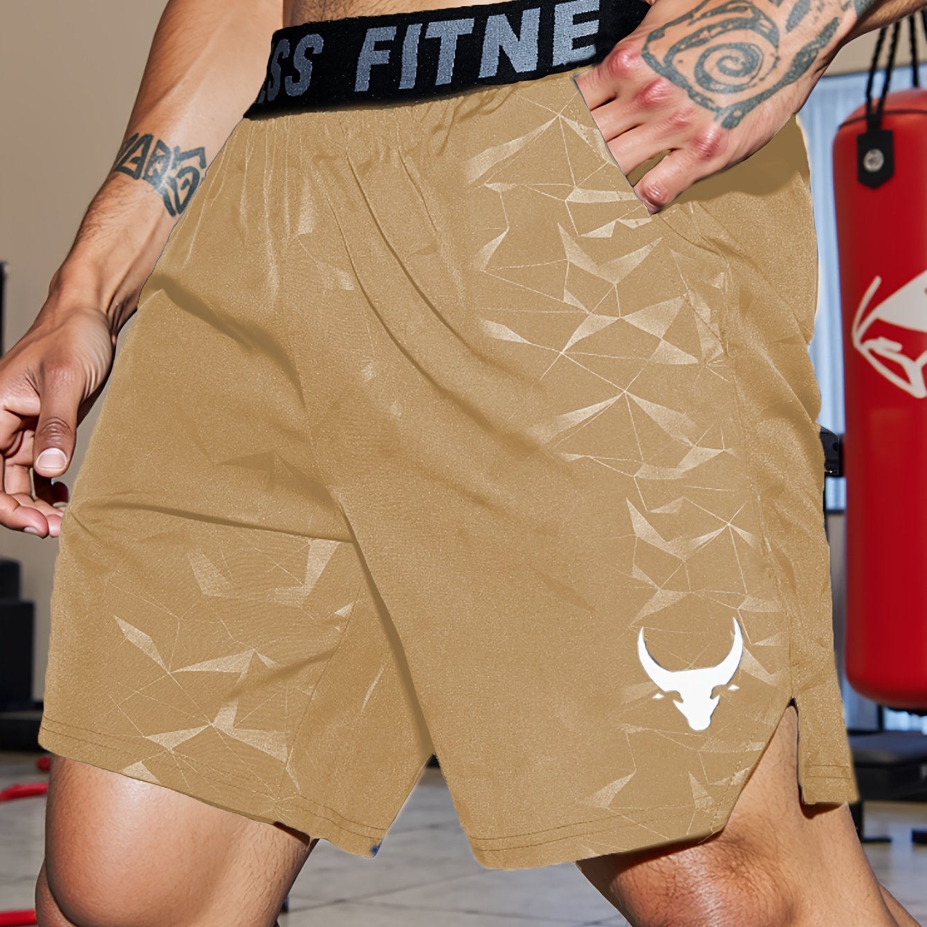 Shorts de Sport Homme "S's FINE" – Gris, Polyester Séchant Rapidement avec Motif MMA Sport