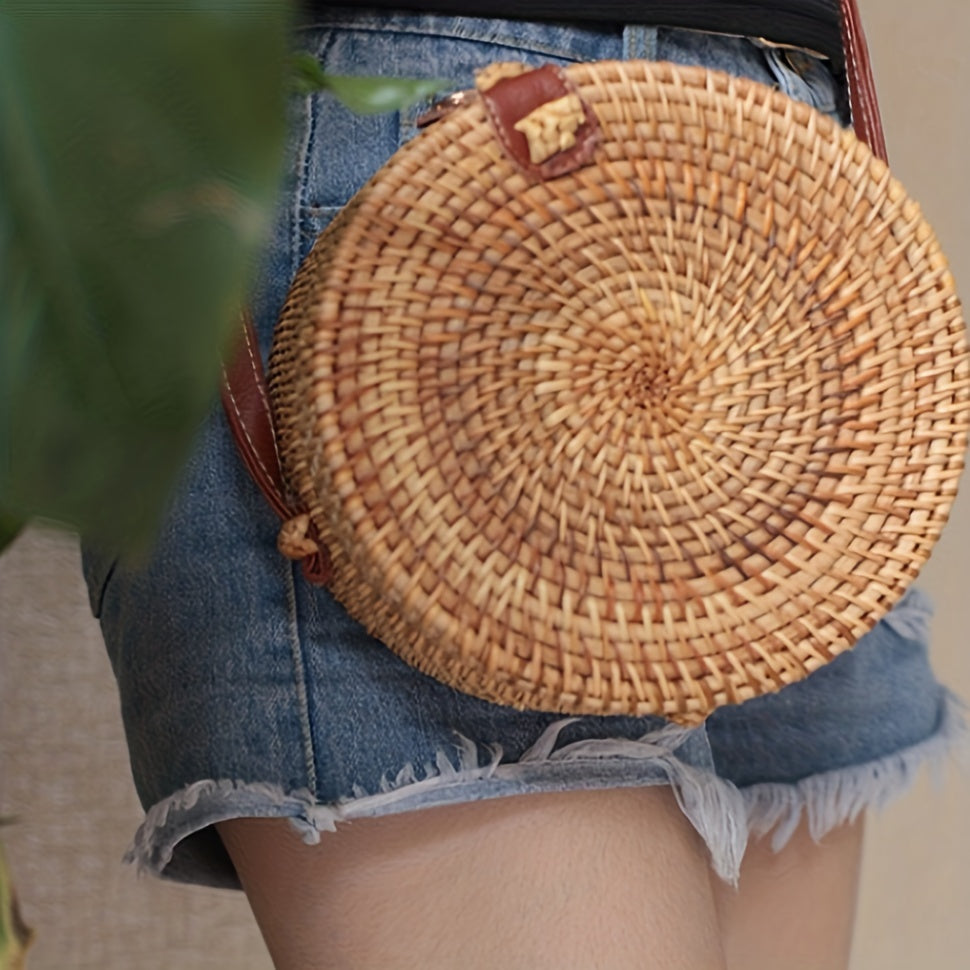 Petit sac rond en paille, sac à main simple et décontracté pour femme, sac en paille polyvalent.﻿