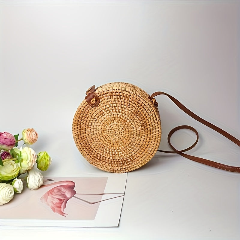 Petit sac rond en paille, sac à main simple et décontracté pour femme, sac en paille polyvalent.﻿
