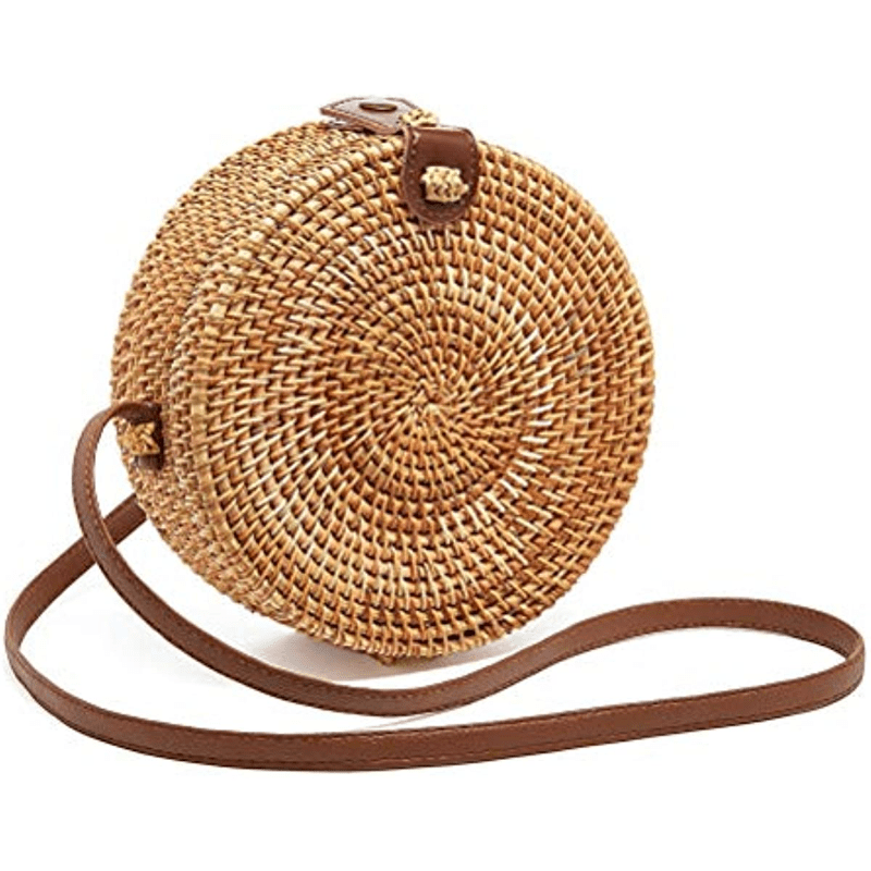 Petit sac rond en paille, sac à main simple et décontracté pour femme, sac en paille polyvalent.﻿