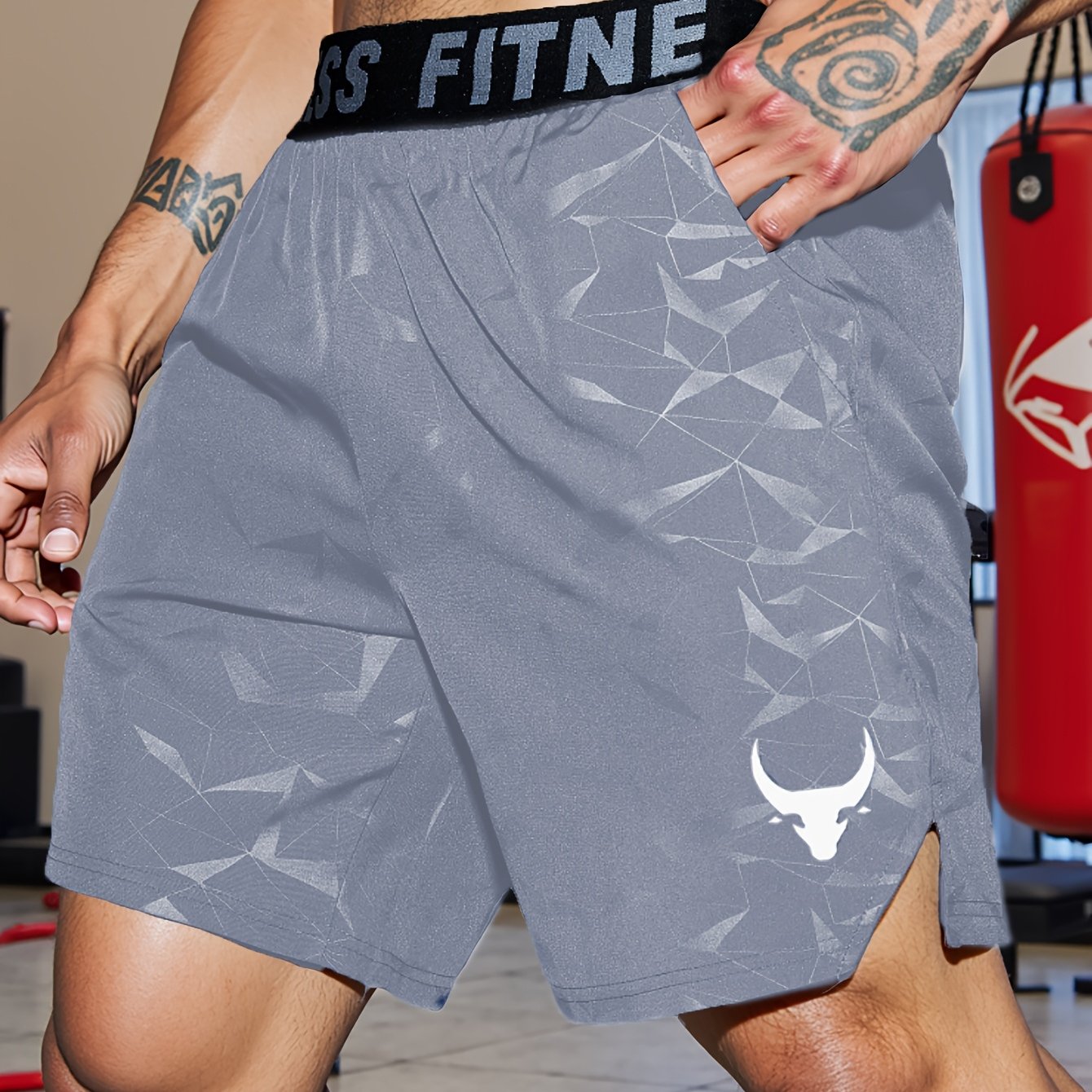 Shorts de Sport Homme "S's FINE" – Gris, Polyester Séchant Rapidement avec Motif MMA Sport