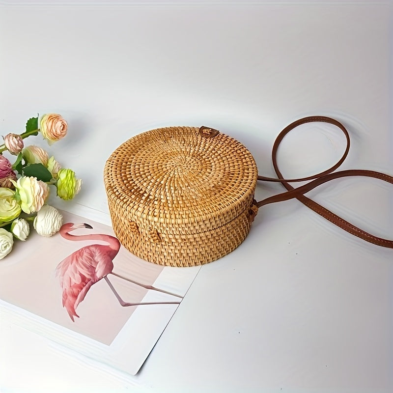 Petit sac rond en paille, sac à main simple et décontracté pour femme, sac en paille polyvalent.﻿