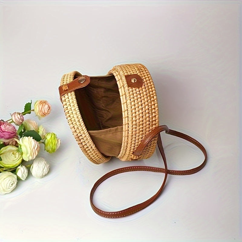 Petit sac rond en paille, sac à main simple et décontracté pour femme, sac en paille polyvalent.﻿