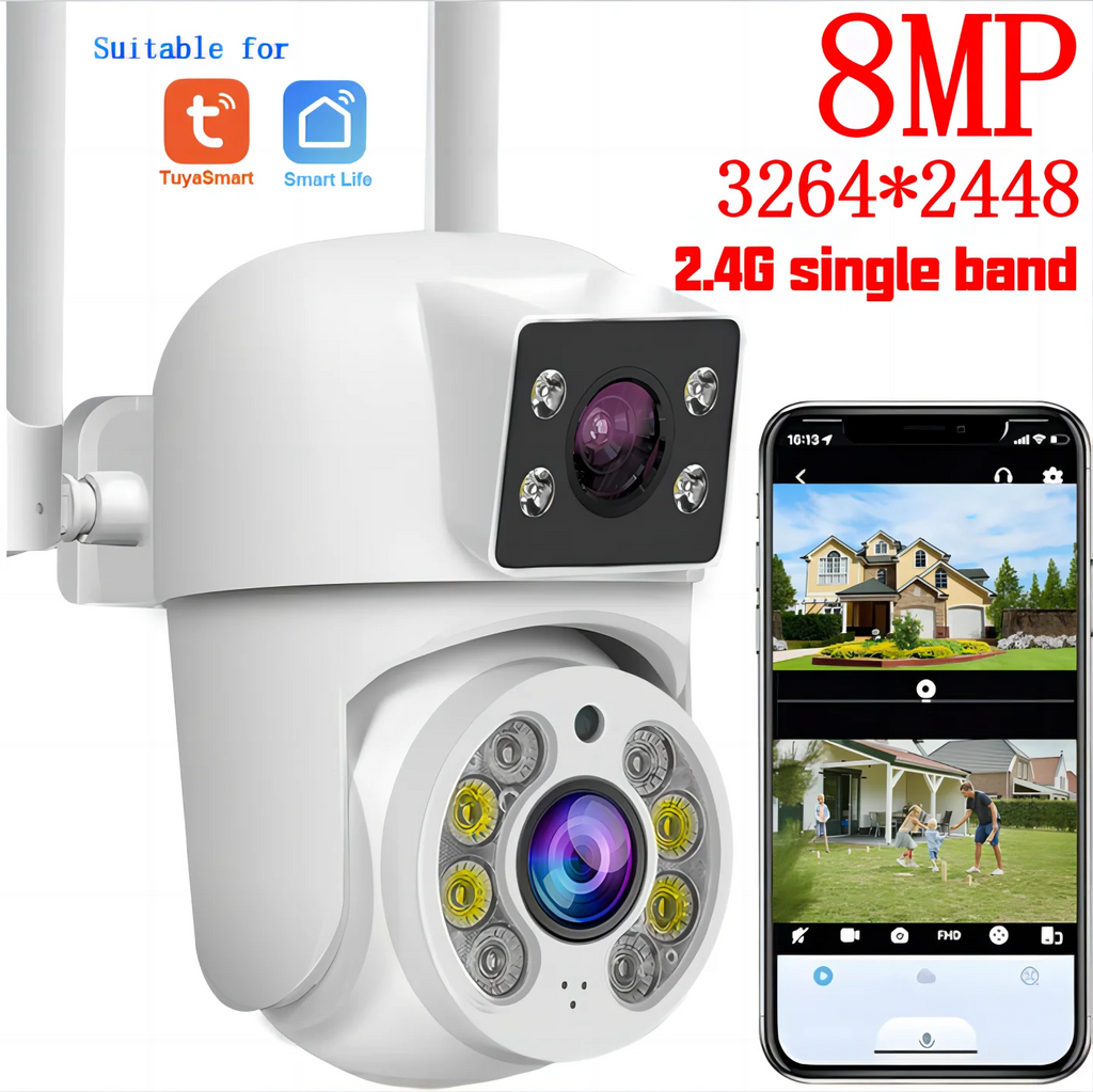 Caméra de Surveillance WiFi Tuya 8MP PTZ à Double Objectif – Vision Nocturne Couleur, Détection Manuelle, Double Écran, Caméra IP Extérieure Étanche, Contrôle à Distance Smart Life