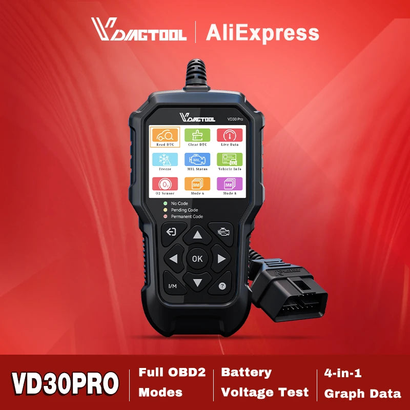 Outil de diagnostic VDIAGTOOL VD30Pro — Lecteur de codes, scanner OBD2 pour voitures et camions, avec fonctions de réinitialisation, données en temps réel et images figées.
