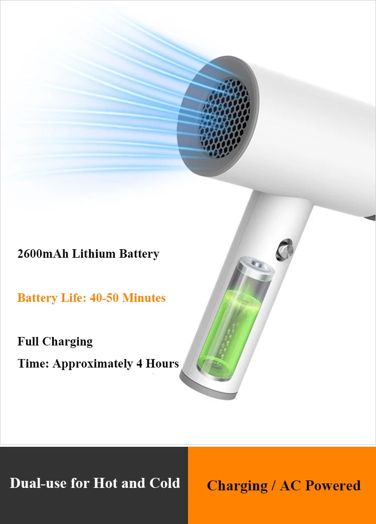 Sèche-cheveux portable sans fil rechargeable pour voyage et extérieur avec air chaud et froid. Batterie au lithium 2600 mAh et flux d'air puissant.