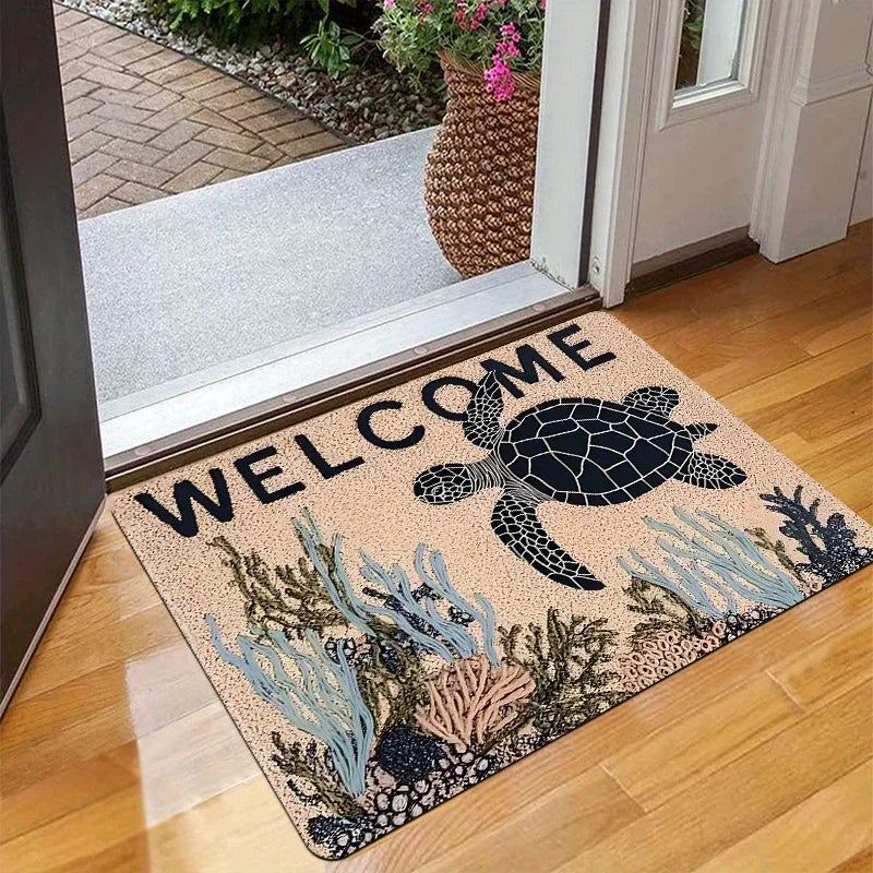 T1 x Tapis d'entrée Welcome Home Sea Turtle Ocean Adventure - Tapis de sol antidérapant pour cuisine, salle de bain et utilisation intérieure/extérieure