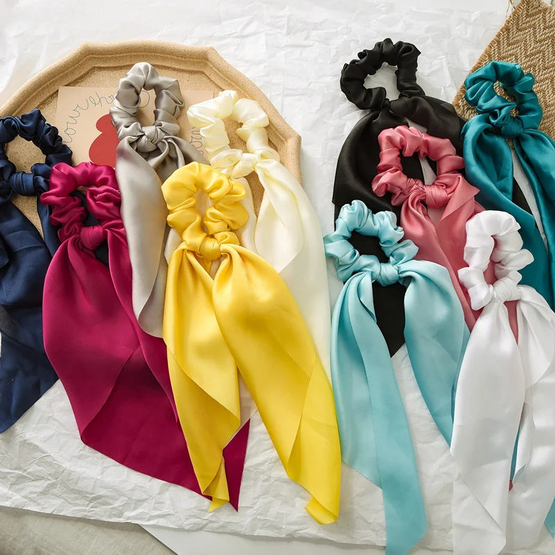 Mode : corde à cheveux longue en satin uni nouée Élastiques coréens pour femmes Foulard pour queue-de-cheval Bandeau élastique doux pour cheveux