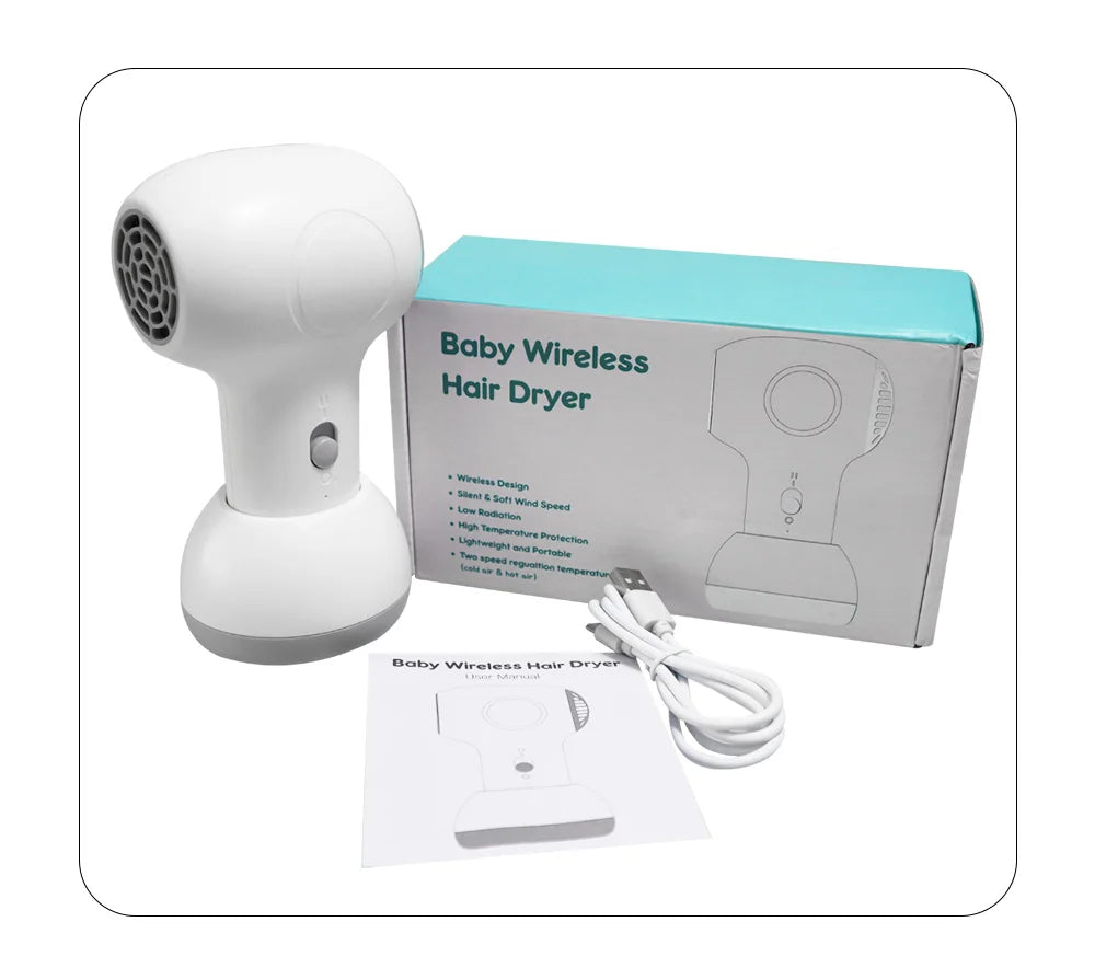 Sèche-cheveux sans fil pour enfants, petit diffuseur universel 60 W, silencieux, température constante, pour cheveux et fesses