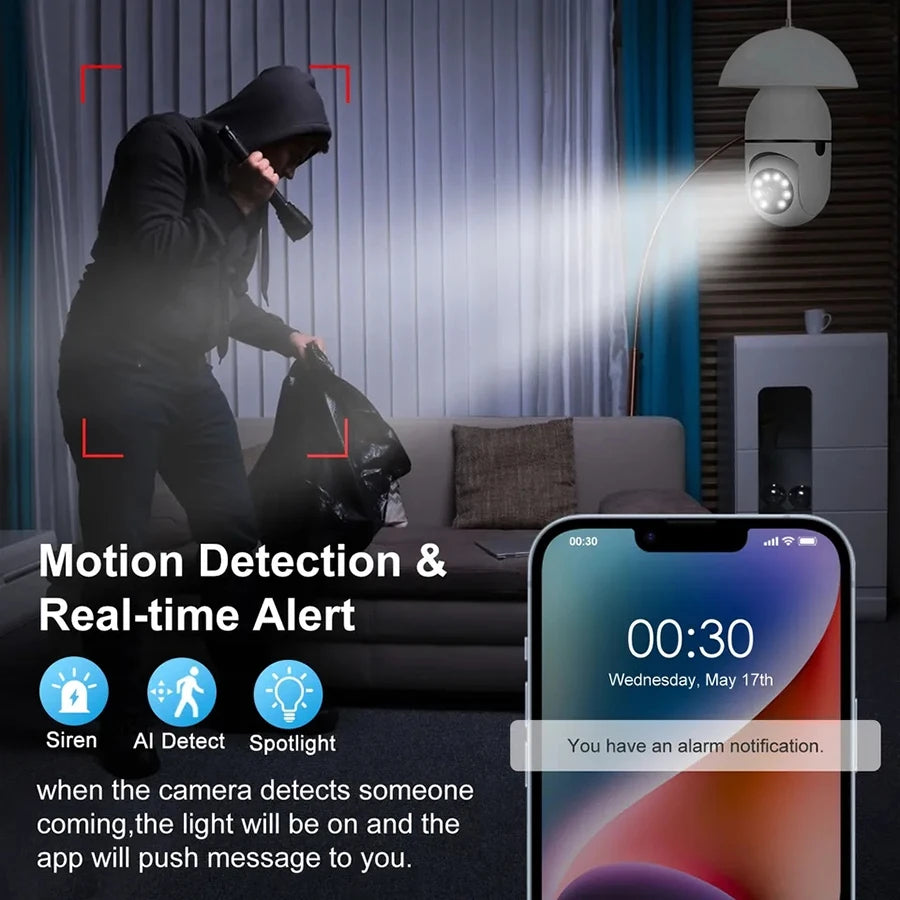 Caméra de Surveillance WiFi Ampoule E27 – Vision Nocturne Automatique en Couleur, Détection de Mouvement, Zoom Intelligent – Caméra de Sécurité Intérieure/Extérieure 360° Connectée