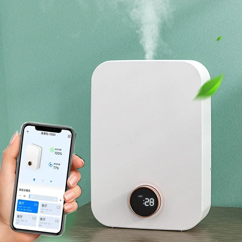 Diffuseur d’huiles essentielles sans eau avec système de nébulisation professionnel, écran LED et animations lumineuses, diffuseur de parfum intelligent pour la maison.