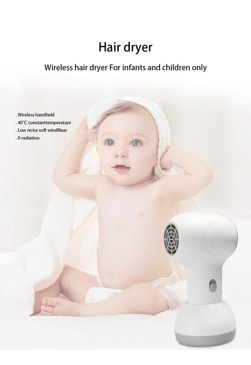 Sèche-cheveux sans fil pour enfants, petit diffuseur universel 60 W, silencieux, température constante, pour cheveux et fesses