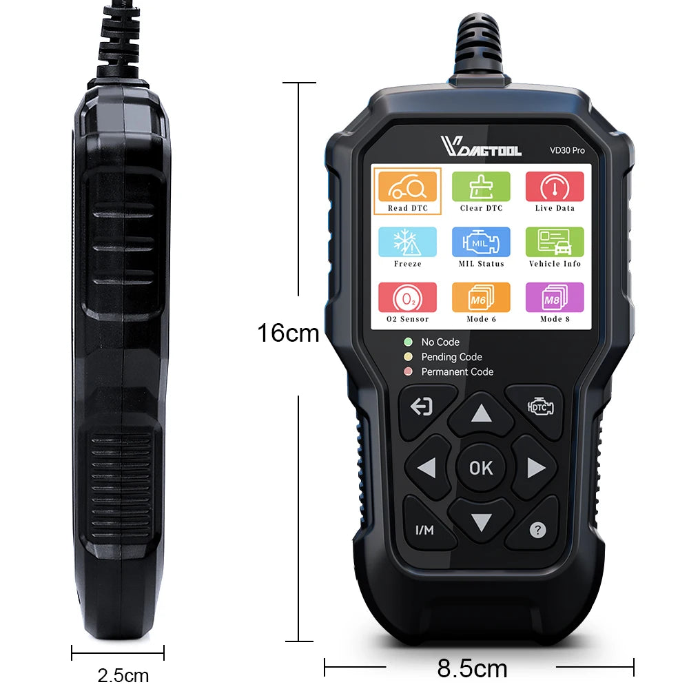 Outil de diagnostic VDIAGTOOL VD30Pro — Lecteur de codes, scanner OBD2 pour voitures et camions, avec fonctions de réinitialisation, données en temps réel et images figées.