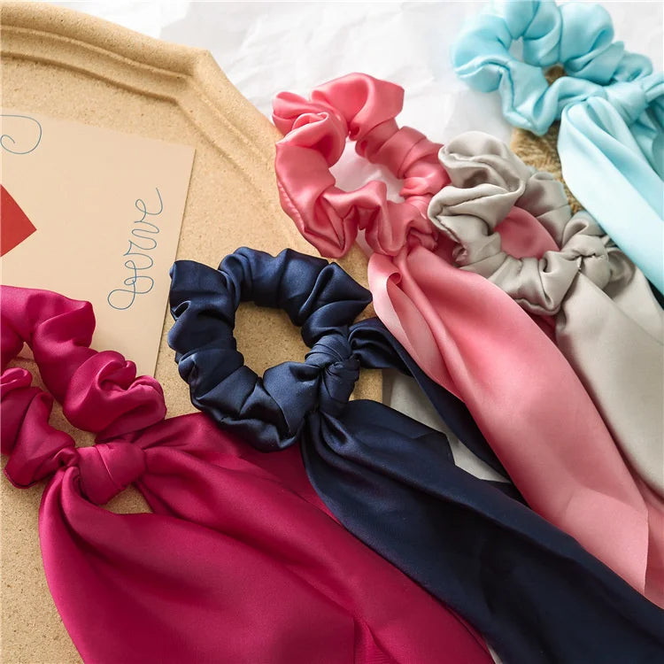 Mode : corde à cheveux longue en satin uni nouée Élastiques coréens pour femmes Foulard pour queue-de-cheval Bandeau élastique doux pour cheveux