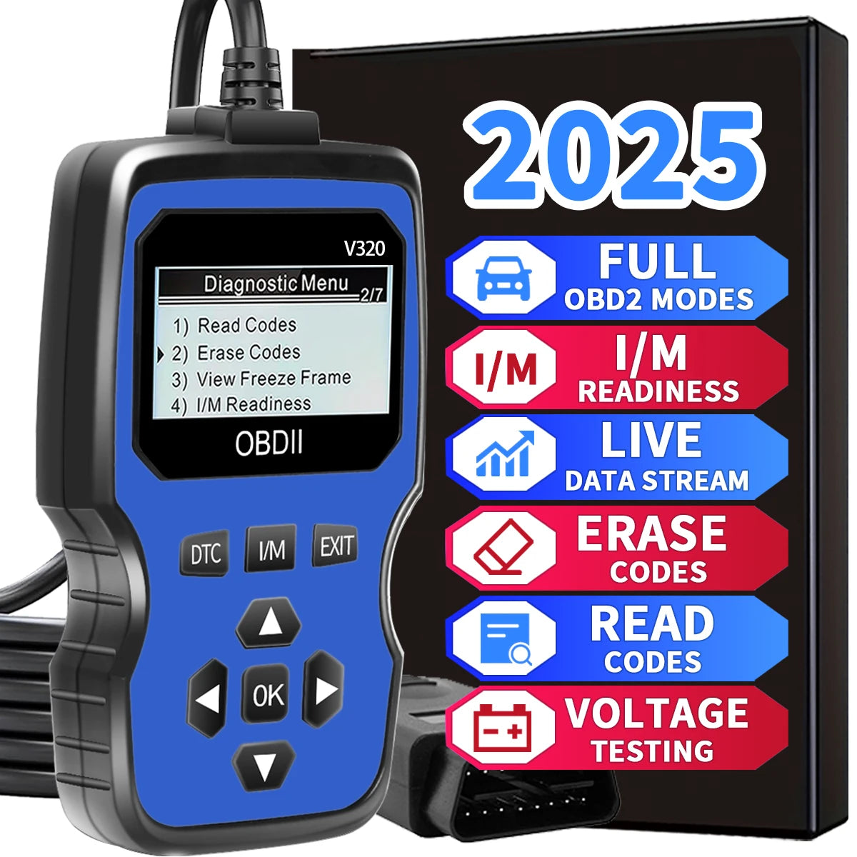 Outil de diagnostic OBD2 – Lecteur de codes moteur pour tous les véhicules à partir de 1996 avec affichage des données en temps réel, test de batterie et effacement des codes