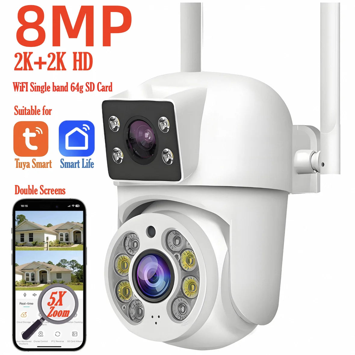 Caméra de Surveillance WiFi Tuya 8MP PTZ à Double Objectif – Vision Nocturne Couleur, Détection Manuelle, Double Écran, Caméra IP Extérieure Étanche, Contrôle à Distance Smart Life