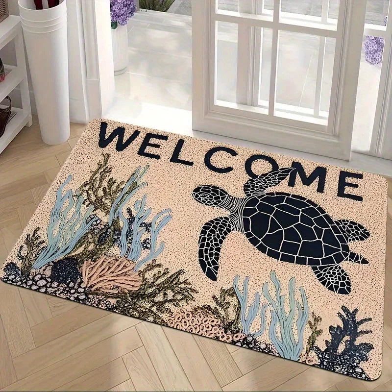 T1 x Tapis d'entrée Welcome Home Sea Turtle Ocean Adventure - Tapis de sol antidérapant pour cuisine, salle de bain et utilisation intérieure/extérieure