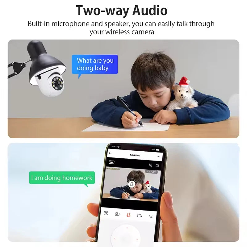 Caméra de Surveillance WiFi Ampoule E27 – Vision Nocturne Automatique en Couleur, Détection de Mouvement, Zoom Intelligent – Caméra de Sécurité Intérieure/Extérieure 360° Connectée