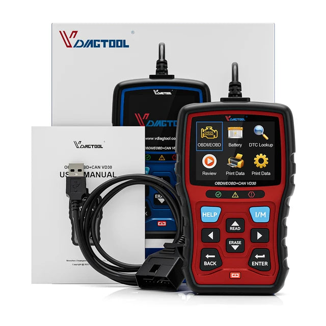 Outil de diagnostic VDIAGTOOL VD30Pro — Lecteur de codes, scanner OBD2 pour voitures et camions, avec fonctions de réinitialisation, données en temps réel et images figées.
