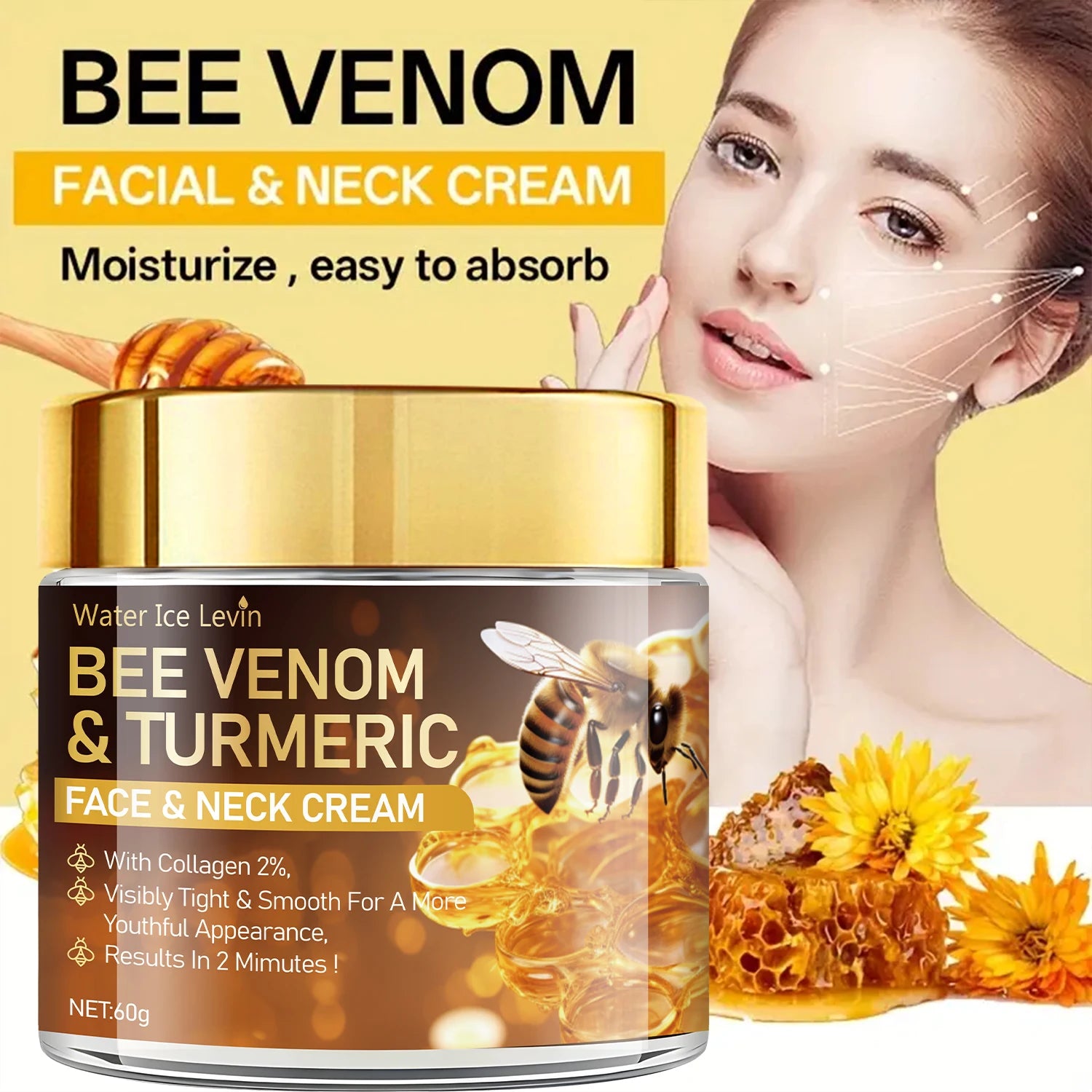 Crème Visage Lifting Instantané au Venin d’Abeille – Raffermit, Lisse et Tonifie la Peau – Sans Alcool – Contient de l’Acide Hyaluronique – Pour Tous Types de Peau