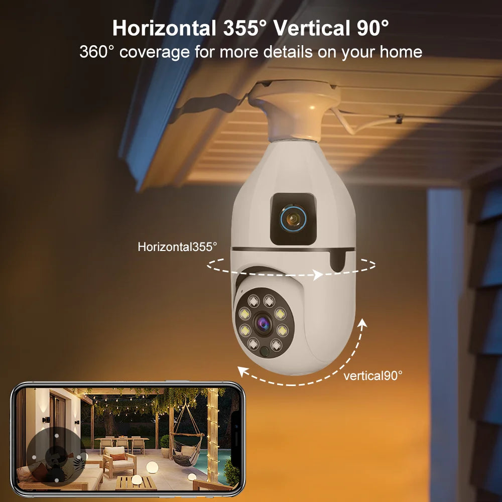 Caméra WiFi E27 8MP HD à Double Objectif – Caméra de Surveillance Intelligente PTZ 360° avec Détection Humaine AI, Suivi Automatique, Vision Nocturne Couleur, Compatible Tuya / Smart Life