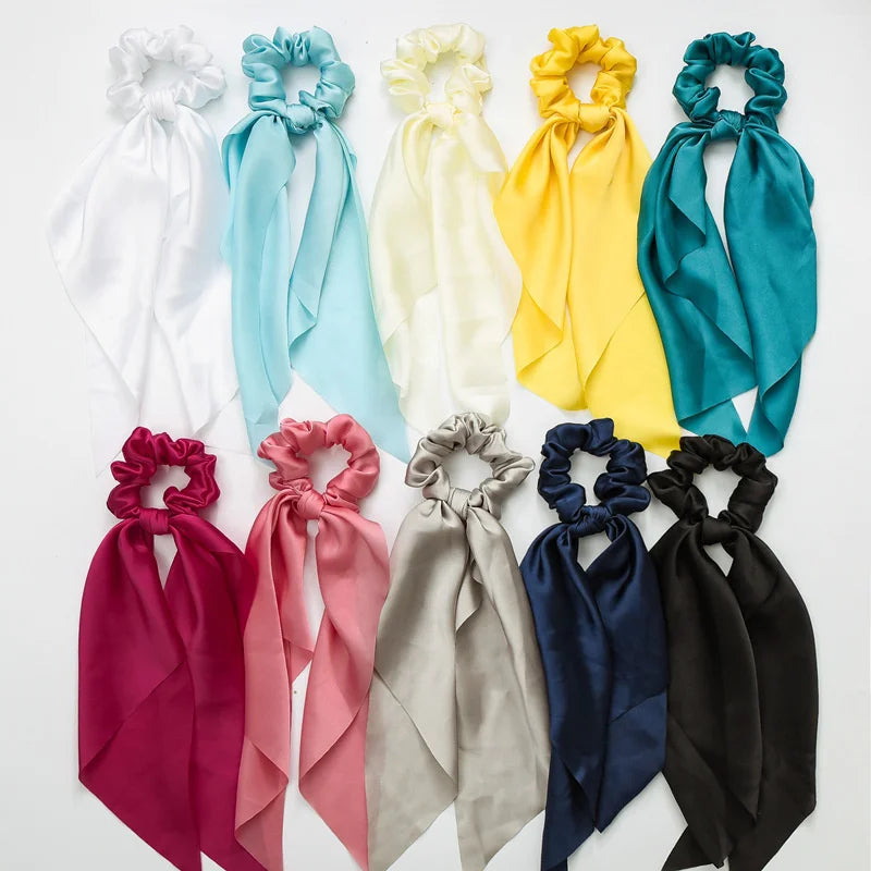 Mode : corde à cheveux longue en satin uni nouée Élastiques coréens pour femmes Foulard pour queue-de-cheval Bandeau élastique doux pour cheveux