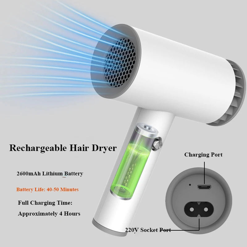 Sèche-cheveux portable sans fil rechargeable pour voyage et extérieur avec air chaud et froid. Batterie au lithium 2600 mAh et flux d'air puissant.