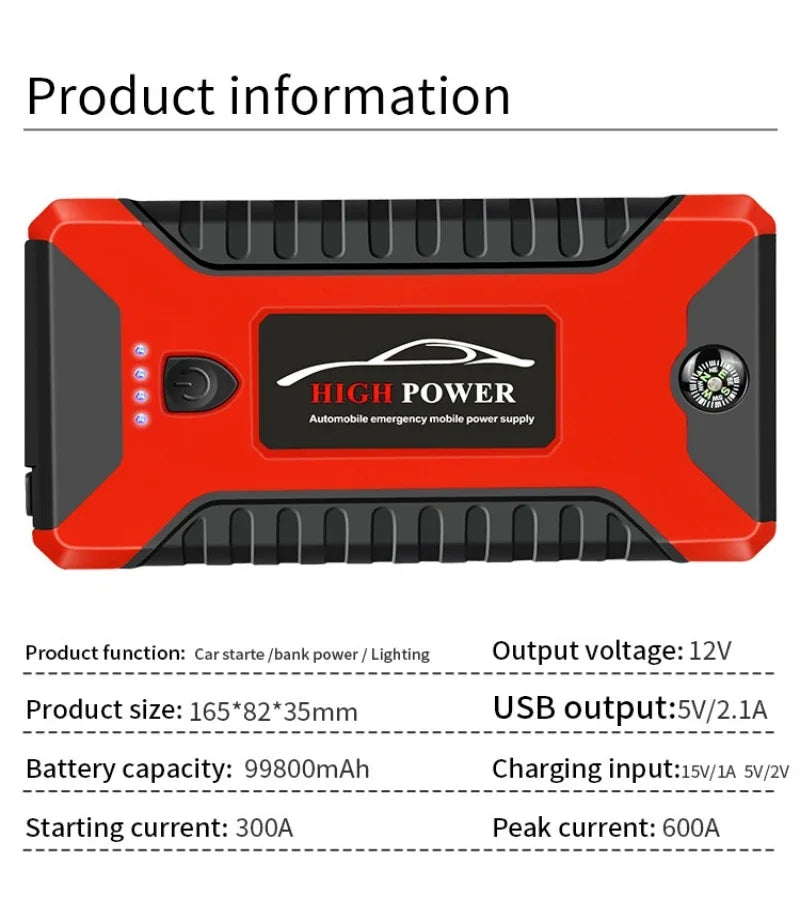 ⚡️ Démarreur de Voiture Portable 99800 mAh – Booster d’Urgence 12V 3000A pour Véhicules Essence & Diesel, Batterie de Secours Multifonction