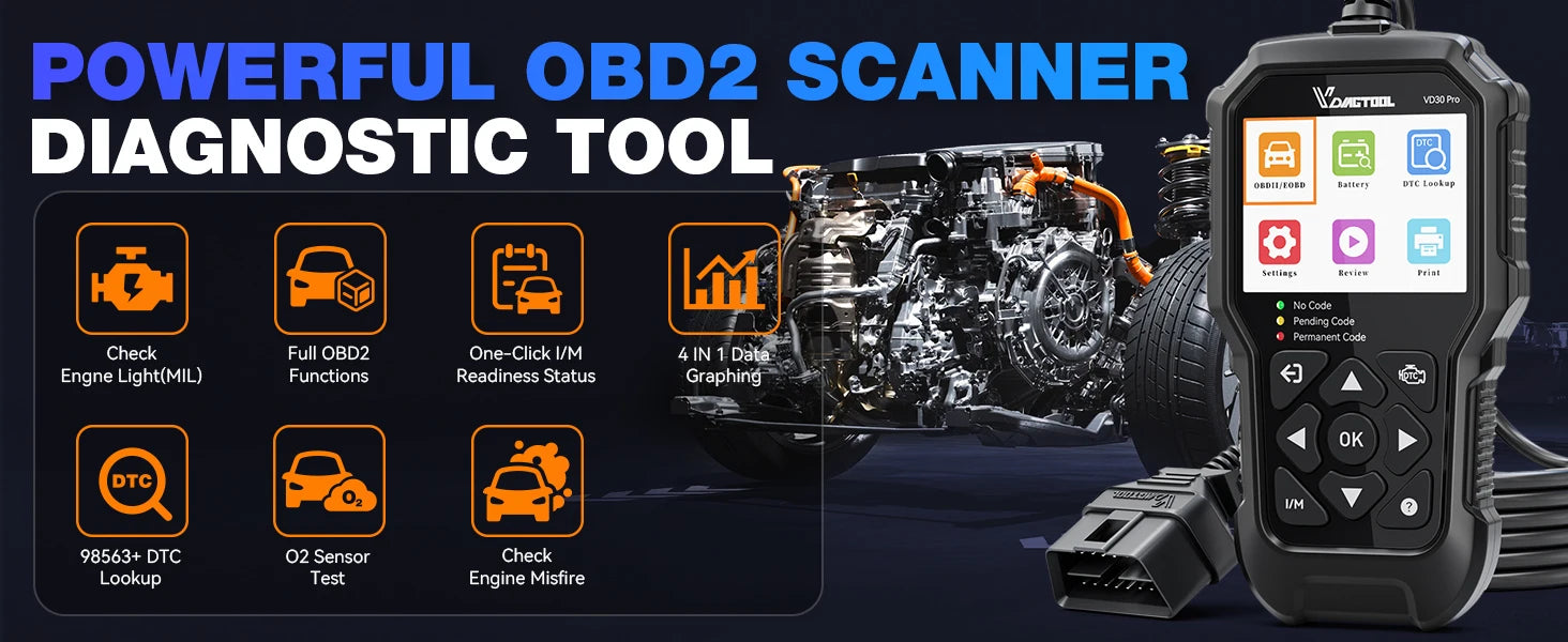 Outil de diagnostic VDIAGTOOL VD30Pro — Lecteur de codes, scanner OBD2 pour voitures et camions, avec fonctions de réinitialisation, données en temps réel et images figées.