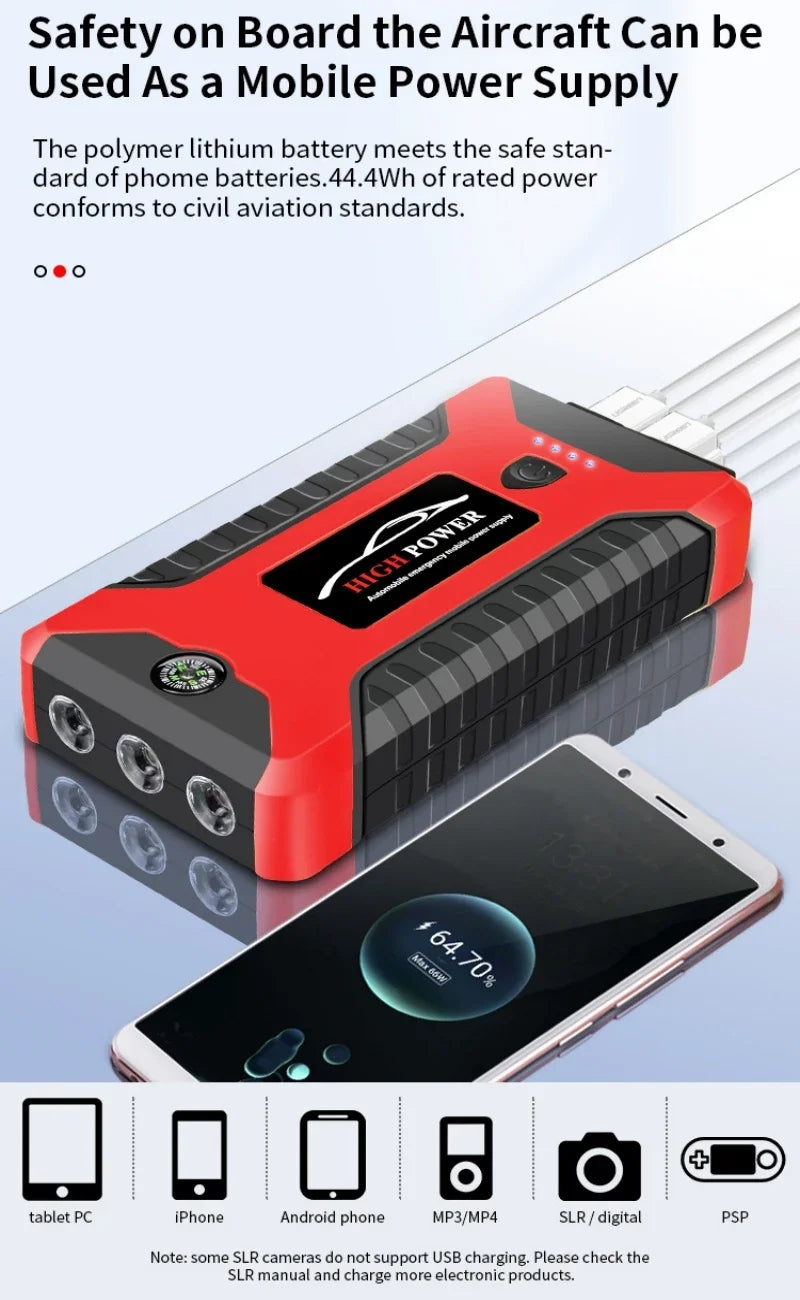 ⚡️ Démarreur de Voiture Portable 99800 mAh – Booster d’Urgence 12V 3000A pour Véhicules Essence & Diesel, Batterie de Secours Multifonction