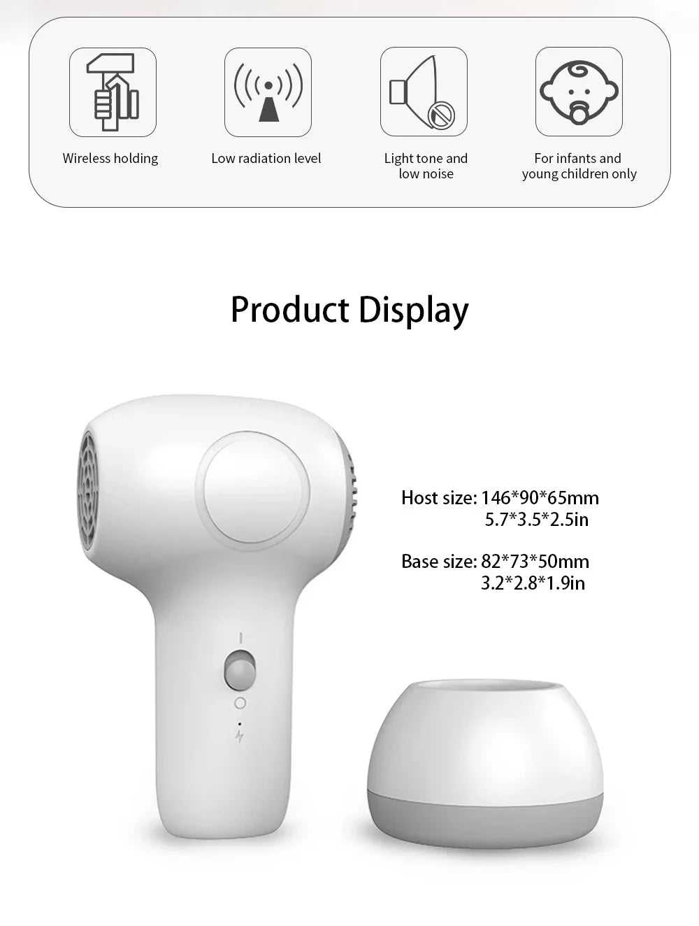 Sèche-cheveux sans fil pour enfants, petit diffuseur universel 60 W, silencieux, température constante, pour cheveux et fesses