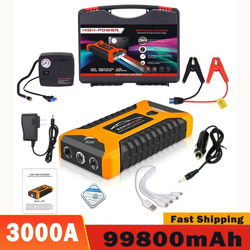 ⚡️ Démarreur de Voiture Portable 99800 mAh – Booster d’Urgence 12V 3000A pour Véhicules Essence & Diesel, Batterie de Secours Multifonction
