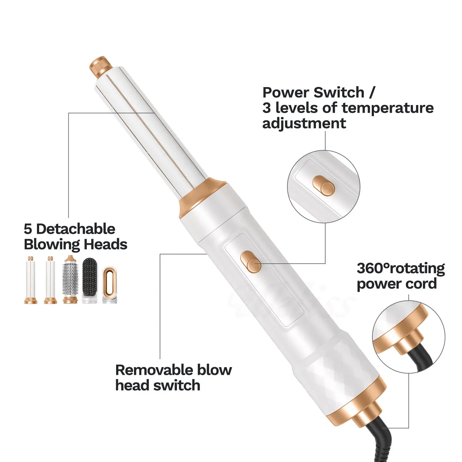 Sèche-cheveux professionnel 5 en 1 noir 1000 W, brosse chauffante pour cheveux, brosse lissante, brosse soufflante pour cheveux, coiffeur pour femme