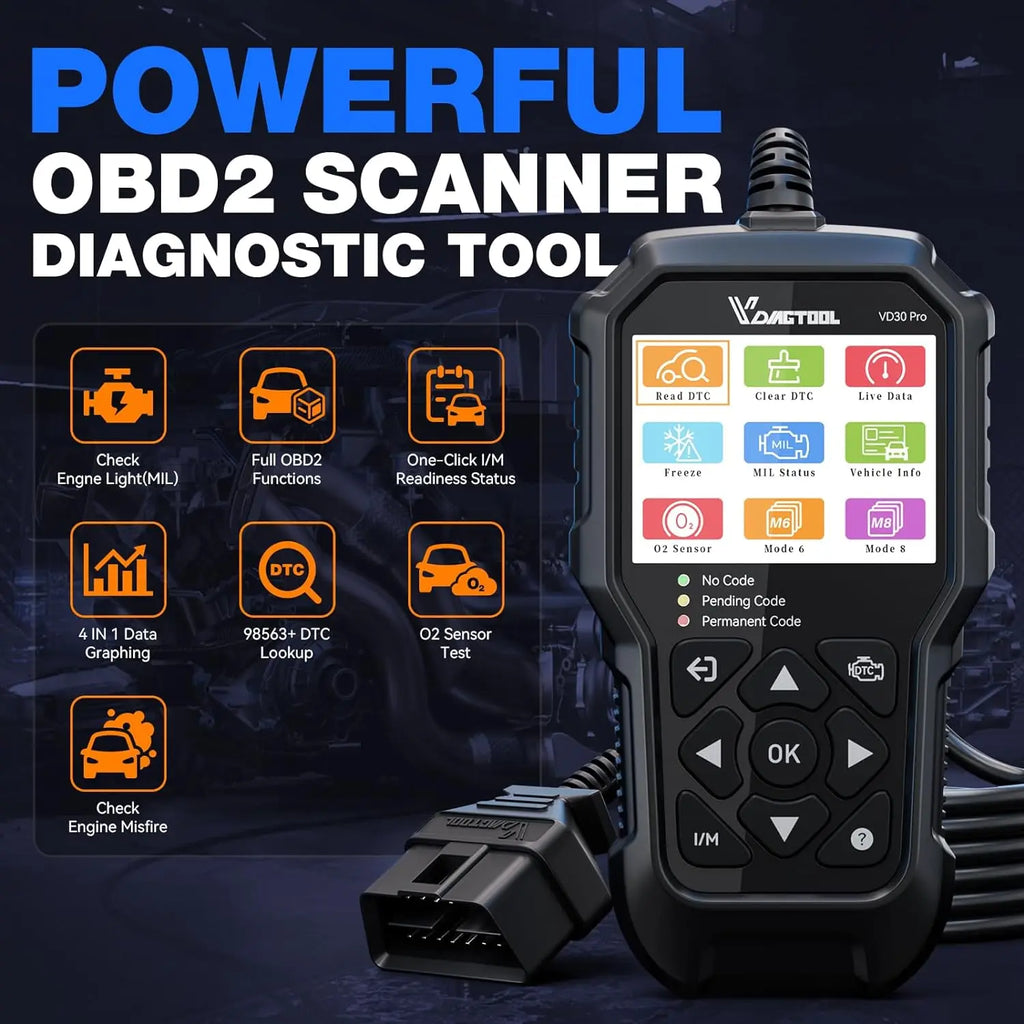 Outil de diagnostic VDIAGTOOL VD30Pro — Lecteur de codes, scanner OBD2 pour voitures et camions, avec fonctions de réinitialisation, données en temps réel et images figées.