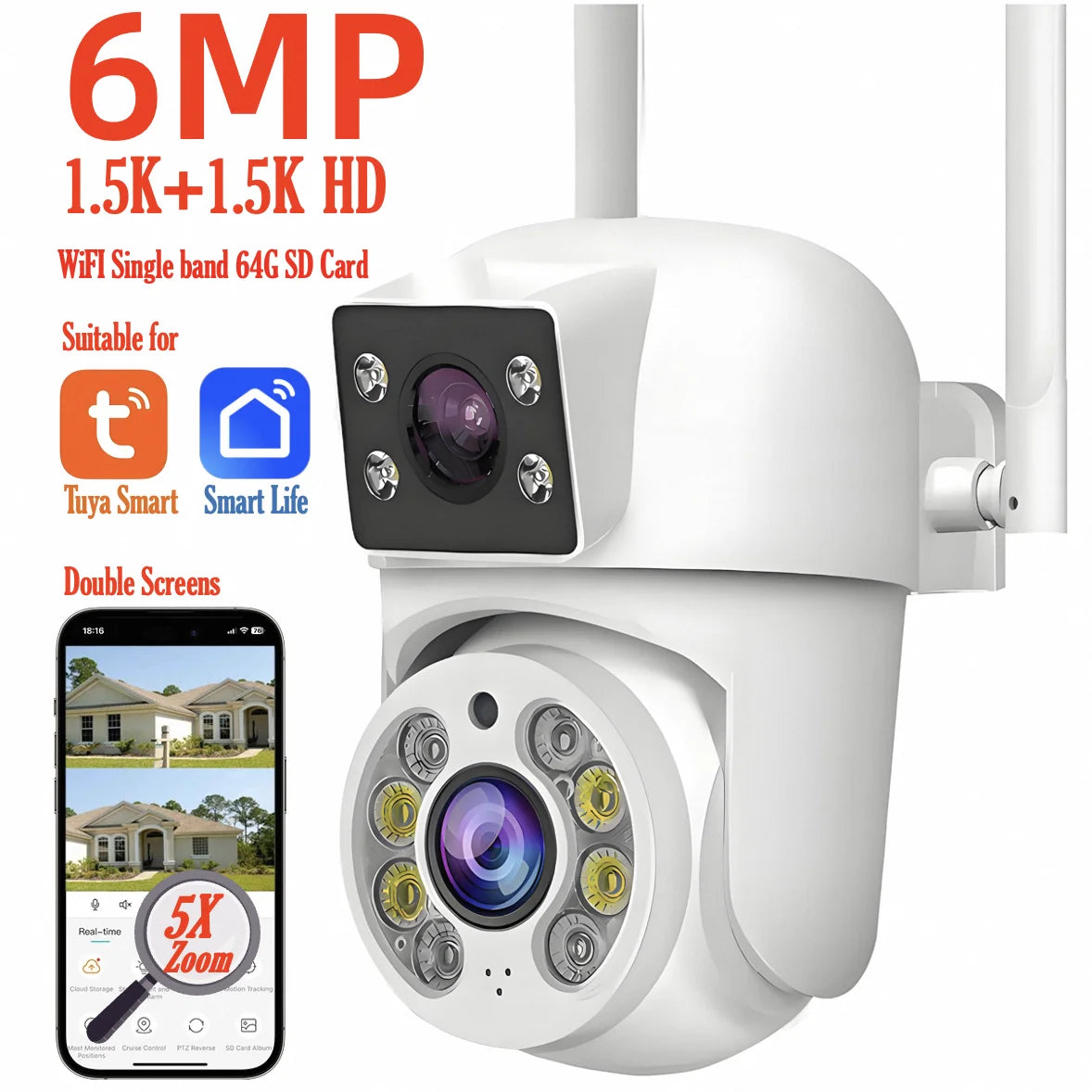 Caméra de Surveillance WiFi Tuya 8MP PTZ à Double Objectif – Vision Nocturne Couleur, Détection Manuelle, Double Écran, Caméra IP Extérieure Étanche, Contrôle à Distance Smart Life