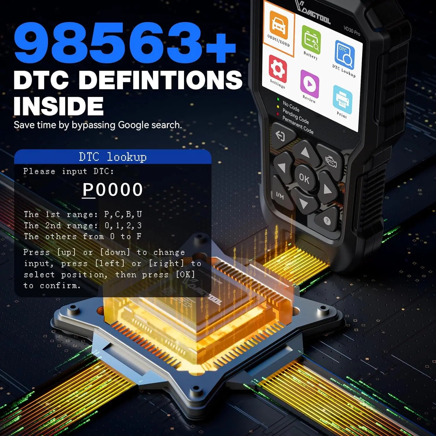 Outil de diagnostic VDIAGTOOL VD30Pro — Lecteur de codes, scanner OBD2 pour voitures et camions, avec fonctions de réinitialisation, données en temps réel et images figées.