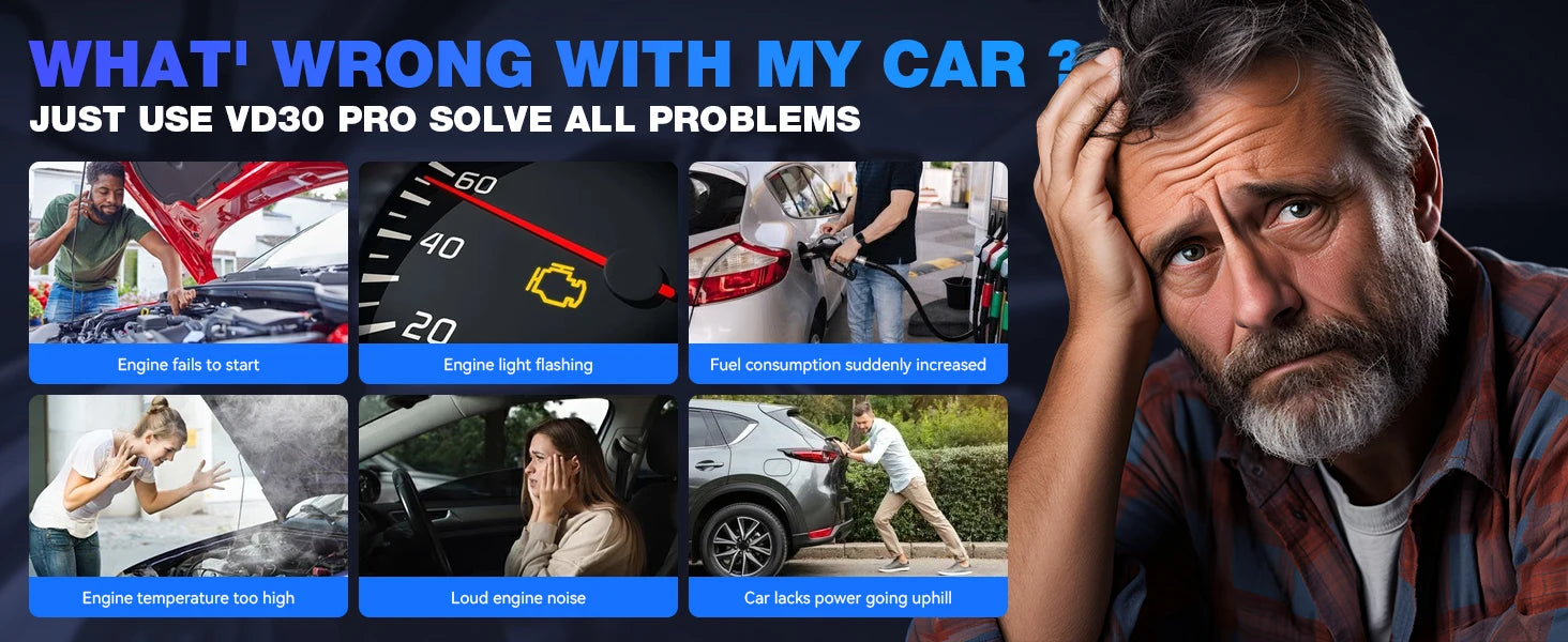 Outil de diagnostic VDIAGTOOL VD30Pro — Lecteur de codes, scanner OBD2 pour voitures et camions, avec fonctions de réinitialisation, données en temps réel et images figées.