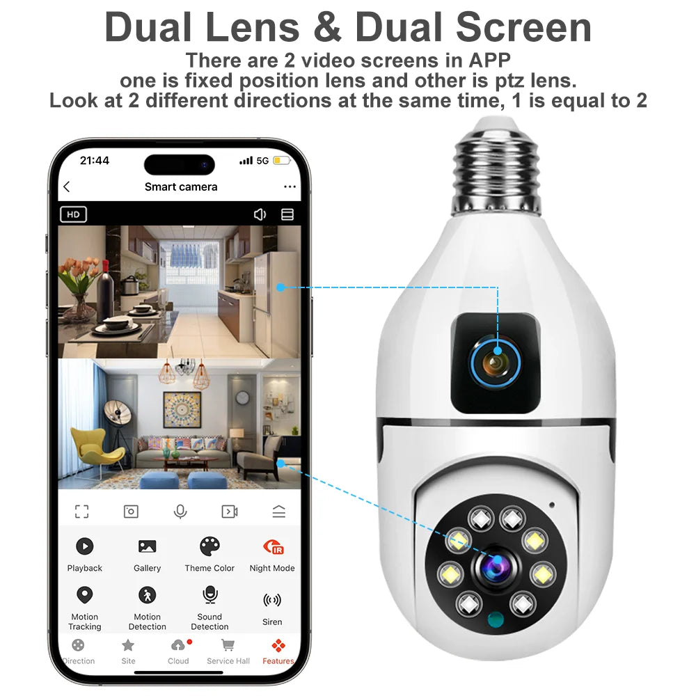 Caméra WiFi E27 8MP HD à Double Objectif – Caméra de Surveillance Intelligente PTZ 360° avec Détection Humaine AI, Suivi Automatique, Vision Nocturne Couleur, Compatible Tuya / Smart Life