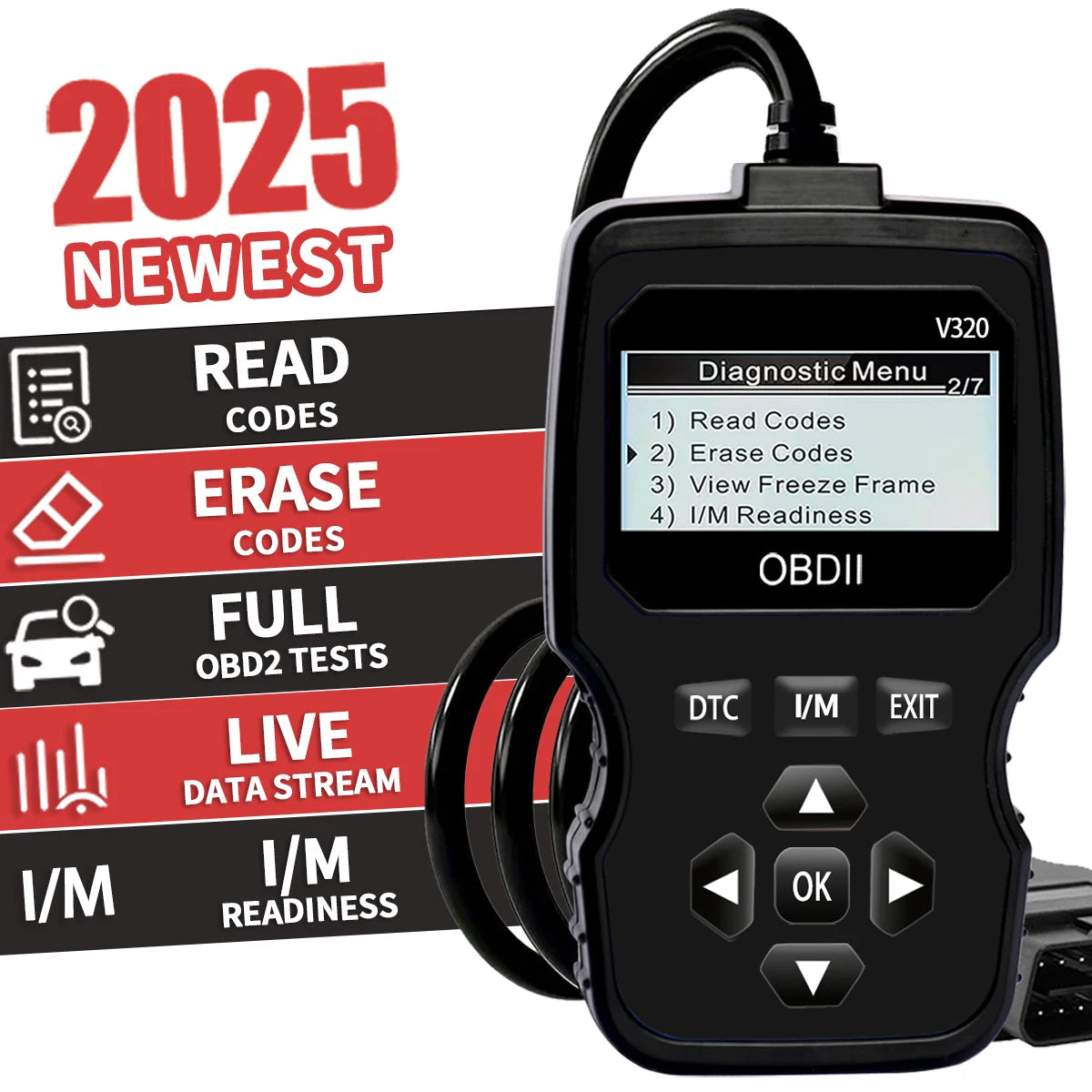 Outil de diagnostic OBD2 – Lecteur de codes moteur pour tous les véhicules à partir de 1996 avec affichage des données en temps réel, test de batterie et effacement des codes