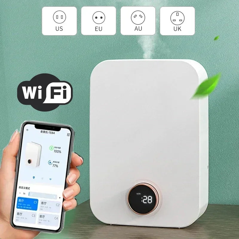 Diffuseur d’huiles essentielles sans eau avec système de nébulisation professionnel, écran LED et animations lumineuses, diffuseur de parfum intelligent pour la maison.