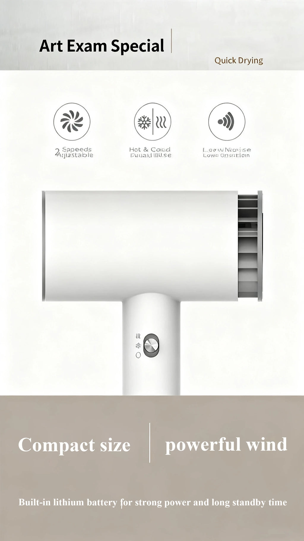 Sèche-cheveux portable sans fil rechargeable pour voyage et extérieur avec air chaud et froid. Batterie au lithium 2600 mAh et flux d'air puissant.