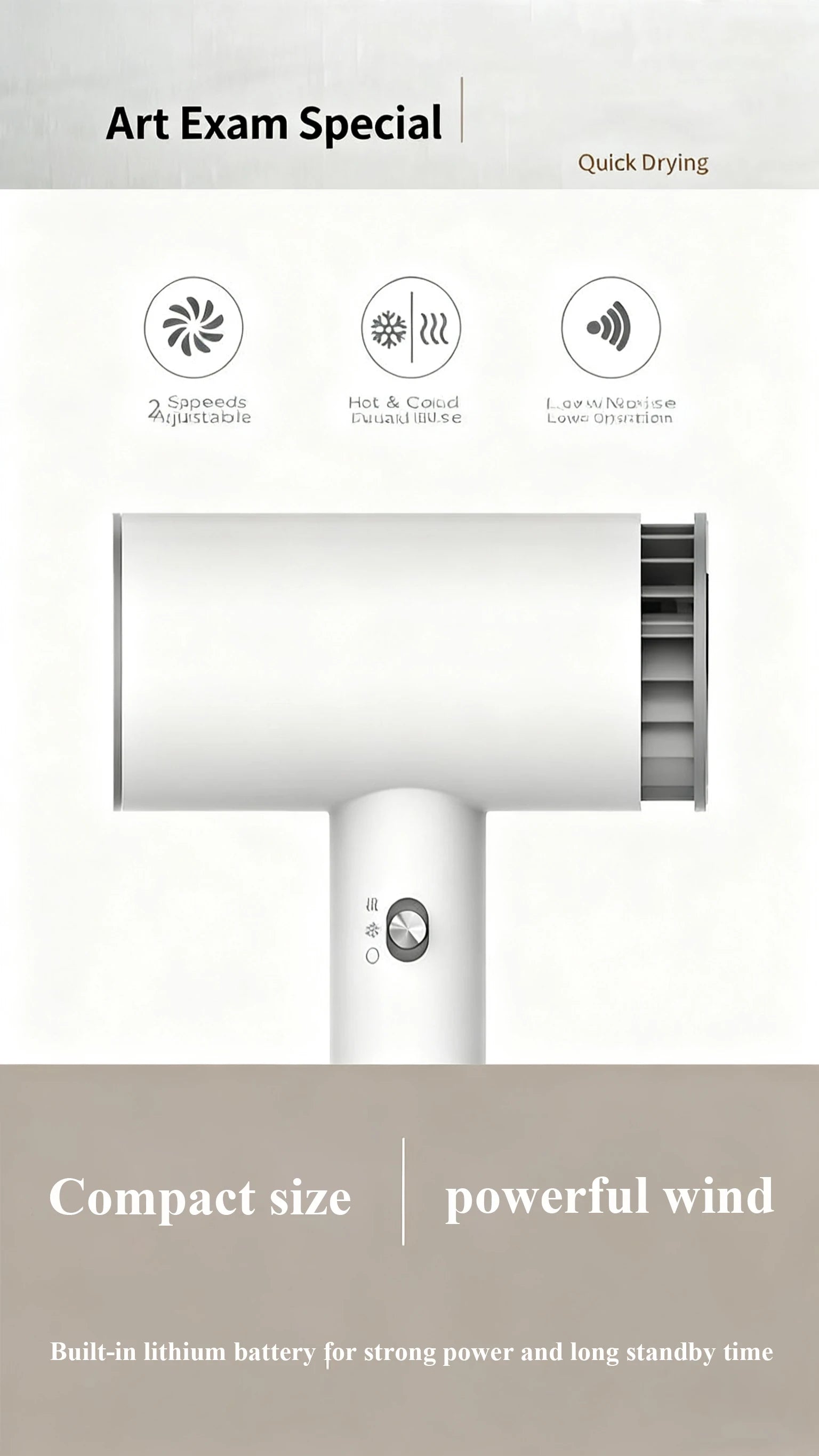 Sèche-cheveux portable sans fil rechargeable pour voyage et extérieur avec air chaud et froid. Batterie au lithium 2600 mAh et flux d'air puissant.