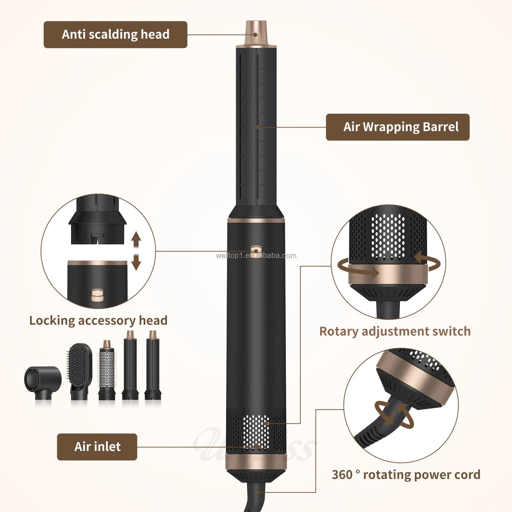 Sèche-cheveux professionnel 5 en 1 noir 1000 W, brosse chauffante pour cheveux, brosse lissante, brosse soufflante pour cheveux, coiffeur pour femme