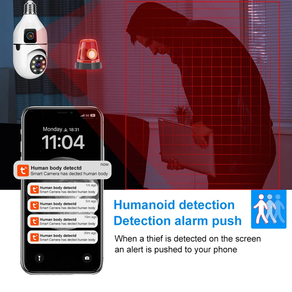 Caméra WiFi E27 8MP HD à Double Objectif – Caméra de Surveillance Intelligente PTZ 360° avec Détection Humaine AI, Suivi Automatique, Vision Nocturne Couleur, Compatible Tuya / Smart Life