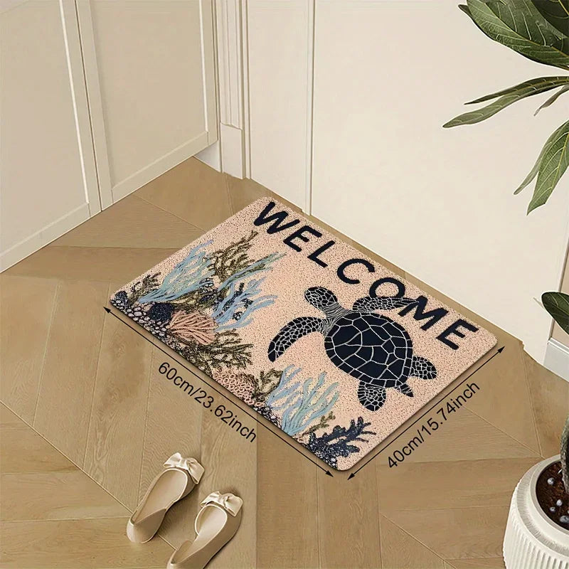 T1 x Tapis d'entrée Welcome Home Sea Turtle Ocean Adventure - Tapis de sol antidérapant pour cuisine, salle de bain et utilisation intérieure/extérieure