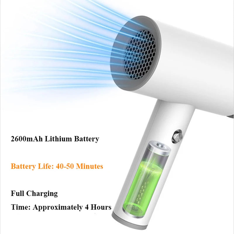 Sèche-cheveux portable sans fil rechargeable pour voyage et extérieur avec air chaud et froid. Batterie au lithium 2600 mAh et flux d'air puissant.