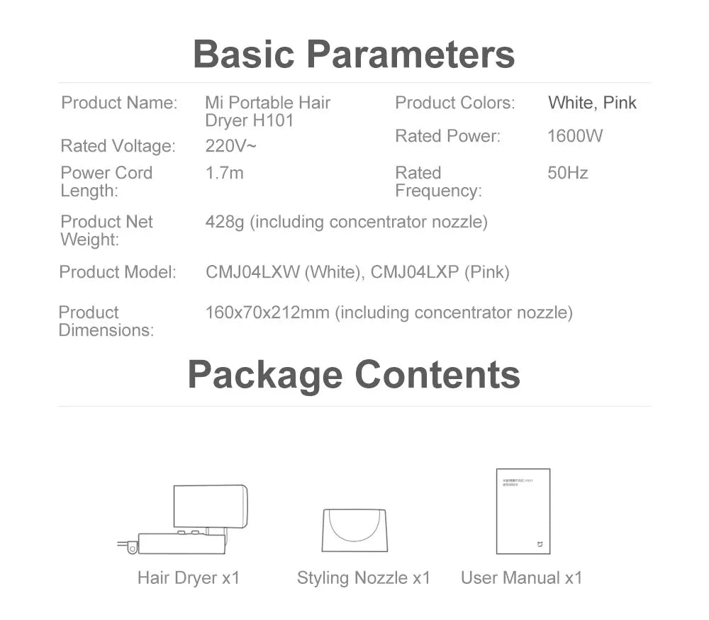 Xiaomi Mijia Sèche-cheveux portable à anions H101, séchage rapide, professionnel, pliable, 1600 W, 50 millions de rayons négatifs, pour la maison et les voyages